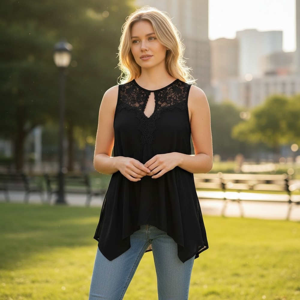 BKE Boutique Lace Trim Tank Top Womens Large Black Excellent Handkerchief Hem